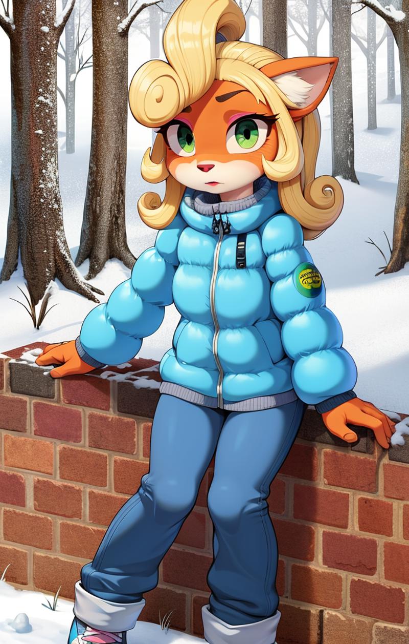 34129-1623636461-highres, detailed, flat shading, pastel style, snowy forest, snowing, ice, puffy jacket, jeans, steam, coco bandicoot, furry fem.png